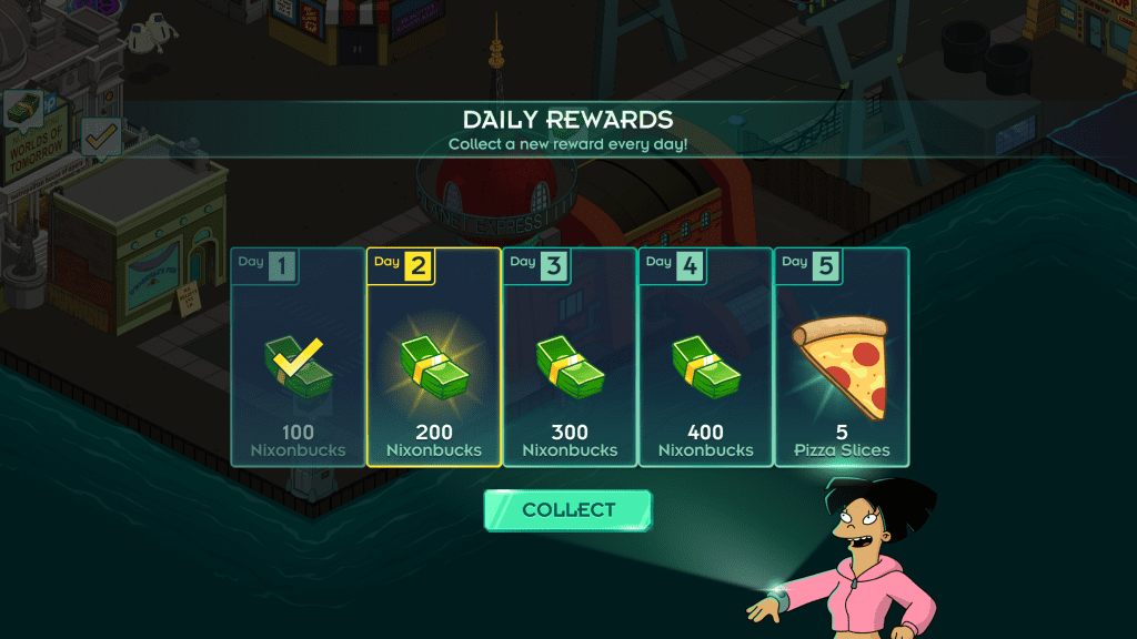 Futurama World of Tomorrow daily rewards screen