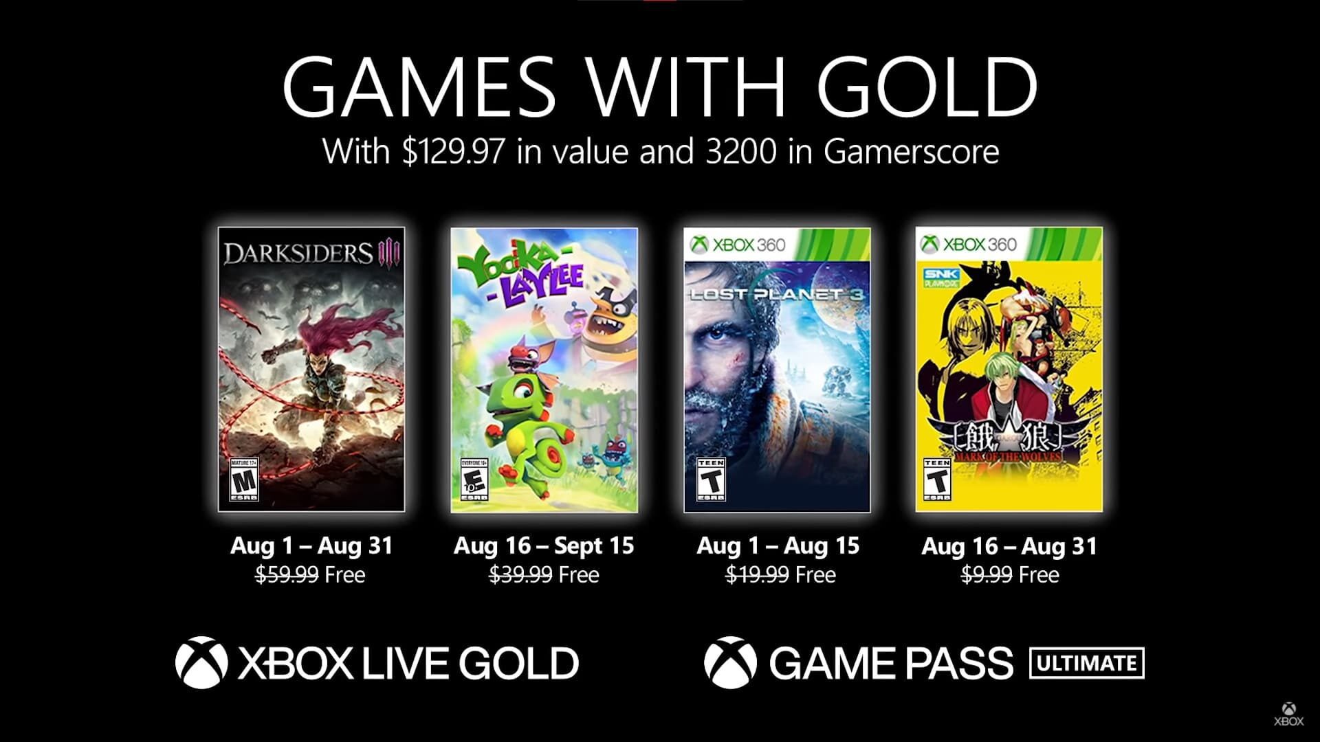 August 2021 Games with Gold Darksiders 3 and Lost Planet 3