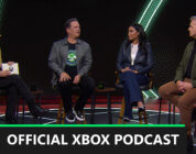 tina amini, phil spencer, sarah bond, and matt booty on podcast set. labeled official xbox podcast
