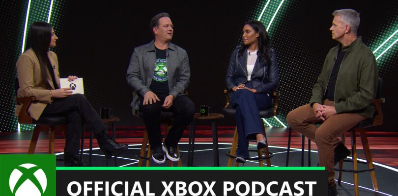 tina amini, phil spencer, sarah bond, and matt booty on podcast set. labeled official xbox podcast