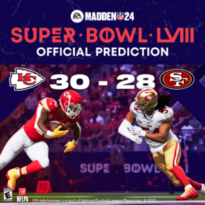 Madden 24Super Bowl LVIII Official Prediction, KC 30, SF 28