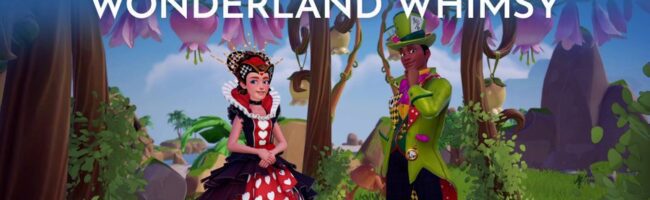 Promotional image for Disney Dreamlight Valley’s Wonderland Whimsy update, featuring the Queen of Hearts and Mad Hatter in a lush, whimsical garden setting with the text “Garden of Whimsy Star Path.”